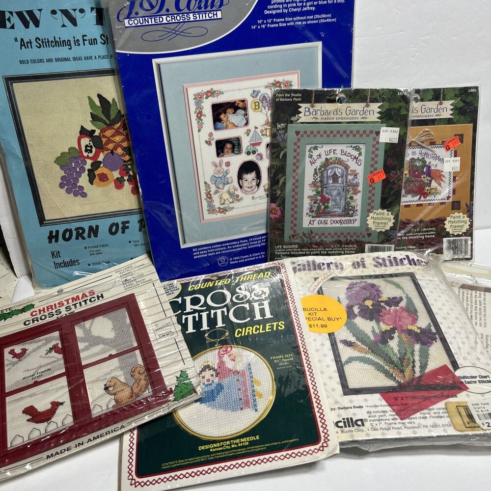Set of 8 Vintage Cross Stitch & Ribbon Embroidery Kits Christmas Baby Flowers